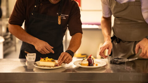 dessert being prepped in the kitchen